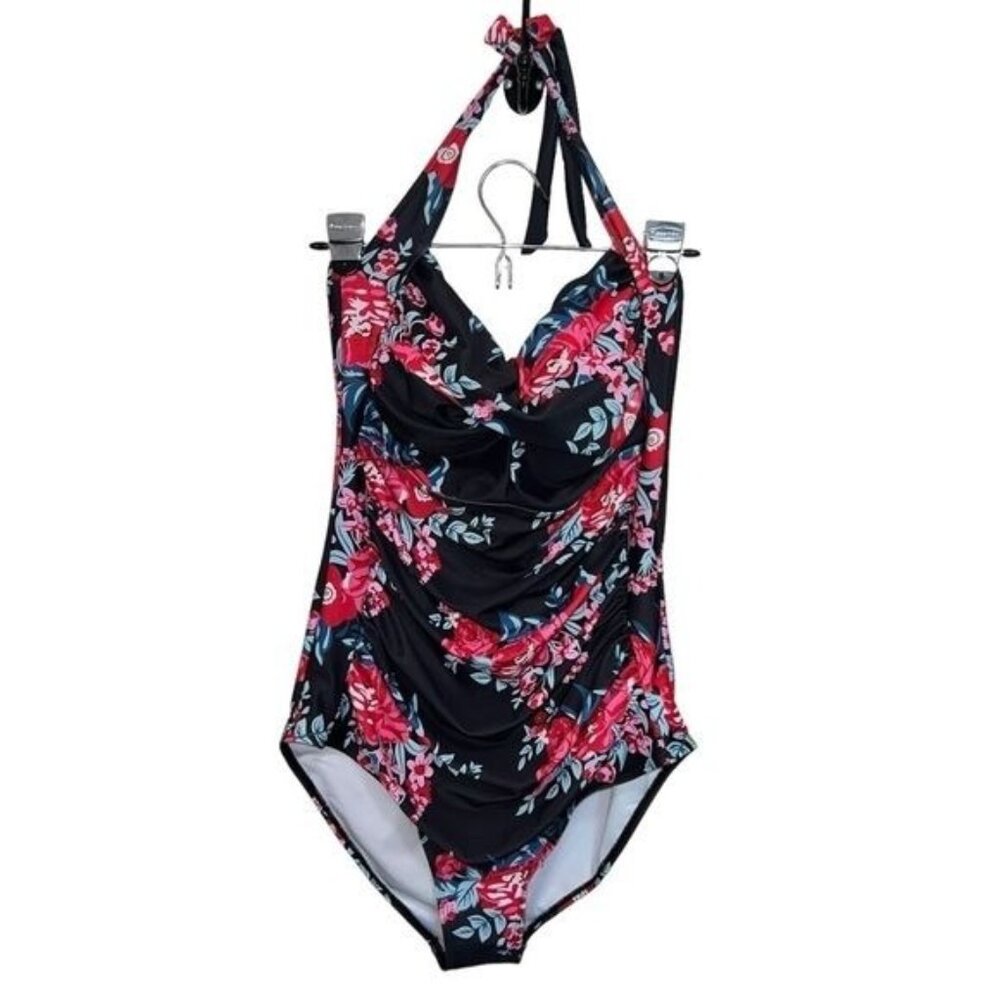 Smismivo One-Piece Swimsuit Womens XXL Black & Red Floral Halter Nylon Blend NWT